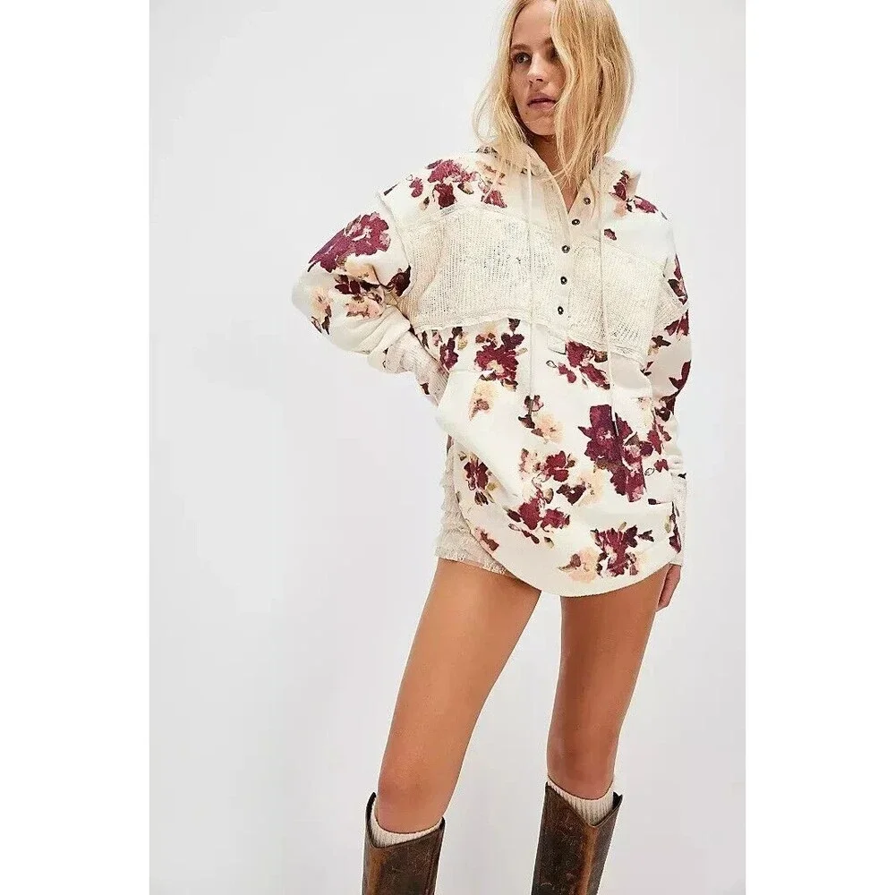 Free People Bali Bring Me Roses Sherpa Pullover Hoodie Top Sweatshirt S 277075